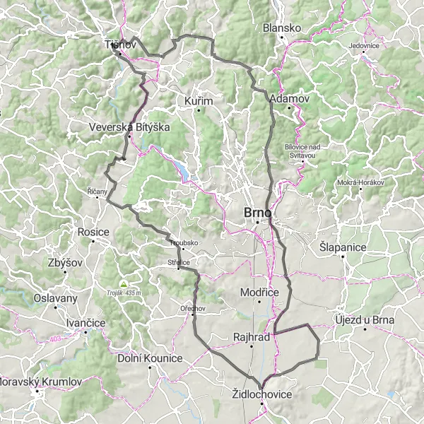 Mapa miniatúra "Cyklotrasa okolo Měnína" cyklistická inšpirácia v Jihovýchod, Czech Republic. Vygenerované cyklistickým plánovačom trás Tarmacs.app