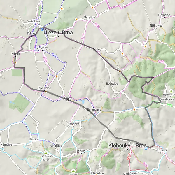 Miniaturní mapa "Road cyklotrasa kolem Měnína" inspirace pro cyklisty v oblasti Jihovýchod, Czech Republic. Vytvořeno pomocí plánovače tras Tarmacs.app