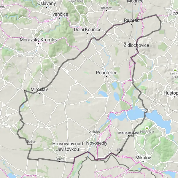 Map miniature of "Měnín Loop" cycling inspiration in Jihovýchod, Czech Republic. Generated by Tarmacs.app cycling route planner