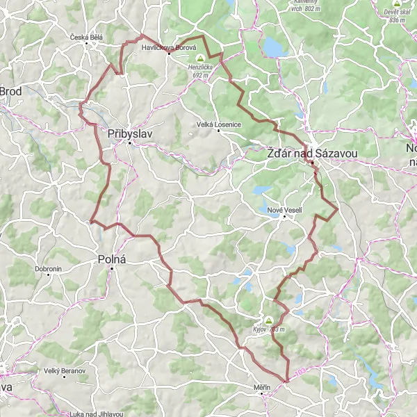 Mapa miniatúra "Gravelový okruh kolem Janovic" cyklistická inšpirácia v Jihovýchod, Czech Republic. Vygenerované cyklistickým plánovačom trás Tarmacs.app
