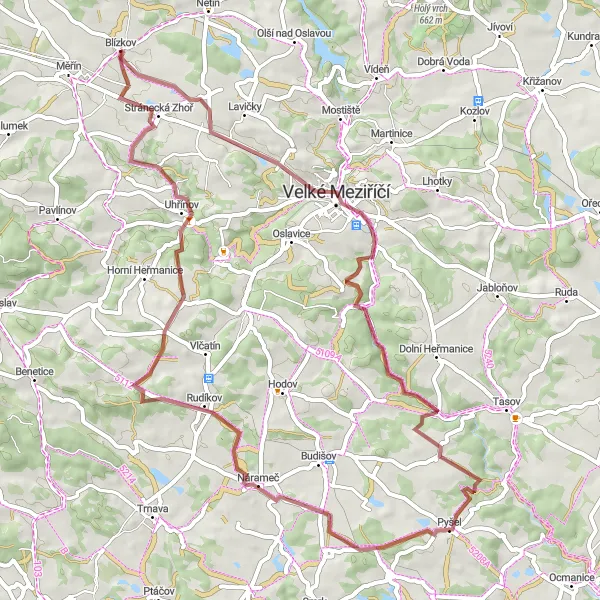 Miniaturní mapa "Gravelová cesta kolem Velké Meziříčí" inspirace pro cyklisty v oblasti Jihovýchod, Czech Republic. Vytvořeno pomocí plánovače tras Tarmacs.app