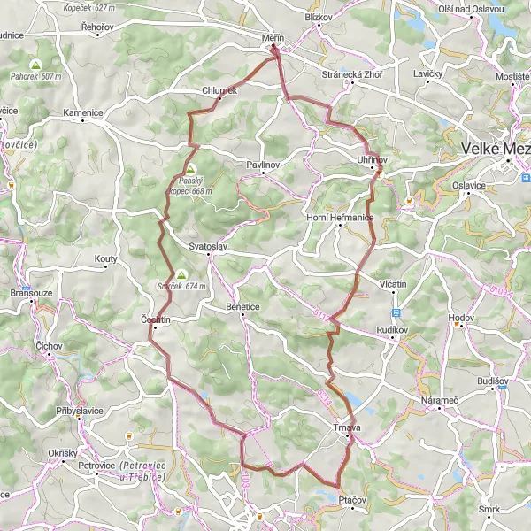 Map miniature of "Challenging Gravel Ride" cycling inspiration in Jihovýchod, Czech Republic. Generated by Tarmacs.app cycling route planner