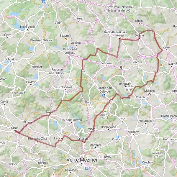 Mapa miniatúra "Gravelový okruh přes Netín, Suky, Radešínská Svratka, Mirošov, Radenice, Holý vrch a Stránecká Zhoř" cyklistická inšpirácia v Jihovýchod, Czech Republic. Vygenerované cyklistickým plánovačom trás Tarmacs.app