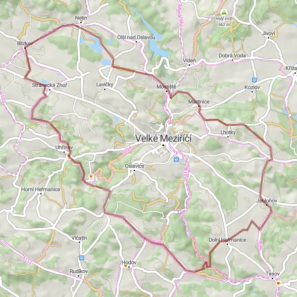 Mapa miniatúra "Gravel Ruta okolo Měřína" cyklistická inšpirácia v Jihovýchod, Czech Republic. Vygenerované cyklistickým plánovačom trás Tarmacs.app