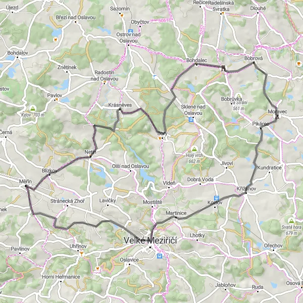 Miniaturní mapa "Okruh kolem Měřína přes Krásněves, Bobrovou, Pikárec a Hrbov" inspirace pro cyklisty v oblasti Jihovýchod, Czech Republic. Vytvořeno pomocí plánovače tras Tarmacs.app