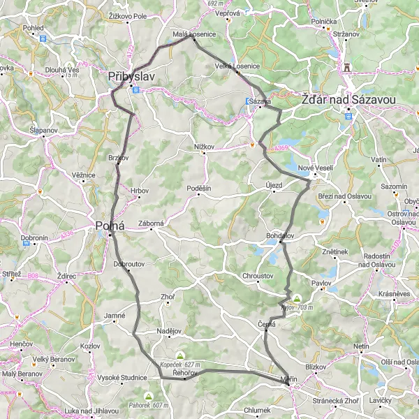 Mapa miniatúra "Cestná trasa Měřín - Řehořov - Polná - Jankův kopec - Malá Losenice - Matějov - Kyjov" cyklistická inšpirácia v Jihovýchod, Czech Republic. Vygenerované cyklistickým plánovačom trás Tarmacs.app
