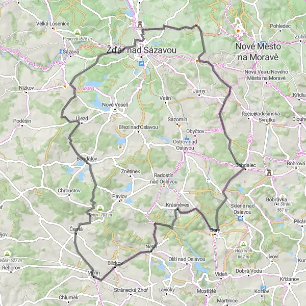 Miniaturní mapa "Cyklostezka s výhledy na Kyjov, Matějov a Hlinné" inspirace pro cyklisty v oblasti Jihovýchod, Czech Republic. Vytvořeno pomocí plánovače tras Tarmacs.app