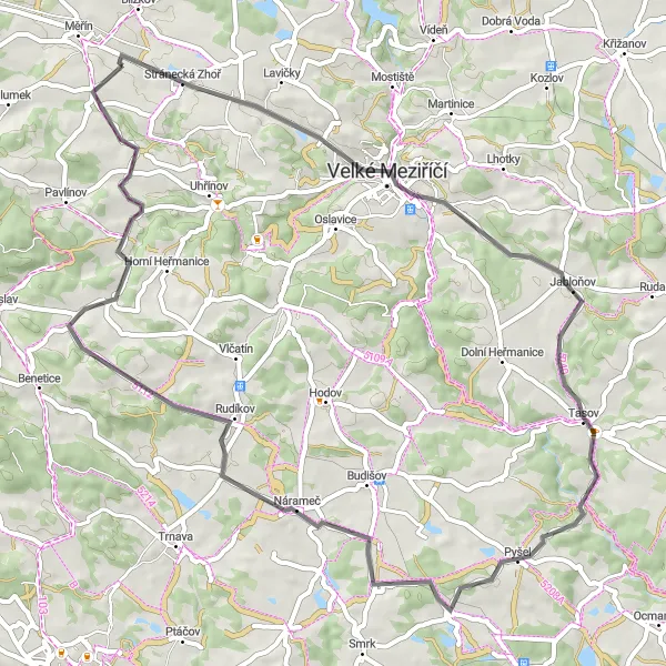 Miniaturní mapa "Cyklostezka směrem k Stránecké Zhoři, Jabloňovu, Otín a Hroznatínu" inspirace pro cyklisty v oblasti Jihovýchod, Czech Republic. Vytvořeno pomocí plánovače tras Tarmacs.app