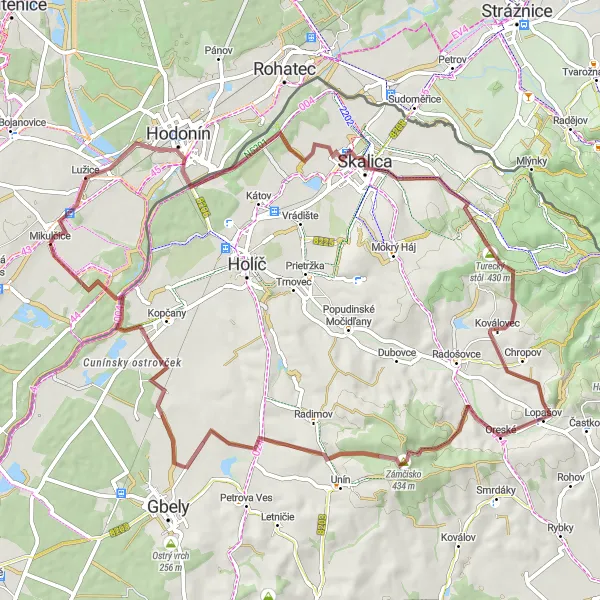 Map miniature of "Gravel Adventure in Mikulčice" cycling inspiration in Jihovýchod, Czech Republic. Generated by Tarmacs.app cycling route planner