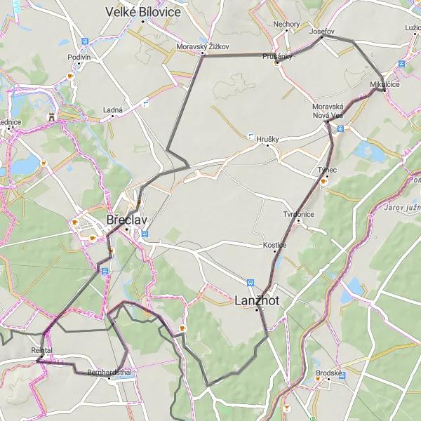 Map miniature of "Road Cycling Tour to Bernhardsthal" cycling inspiration in Jihovýchod, Czech Republic. Generated by Tarmacs.app cycling route planner