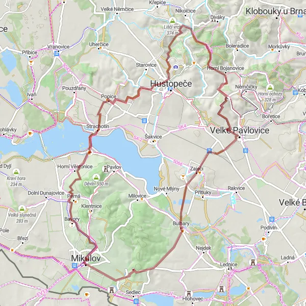 Miniatura mapy "Gravelowy szlak przez Bulhary" - trasy rowerowej w Jihovýchod, Czech Republic. Wygenerowane przez planer tras rowerowych Tarmacs.app