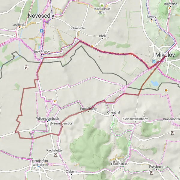 Miniaturní mapa "Gravelový výlet kolem Mikulova" inspirace pro cyklisty v oblasti Jihovýchod, Czech Republic. Vytvořeno pomocí plánovače tras Tarmacs.app