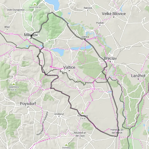 Miniaturní mapa "Mikulovská cesta kolem historických památek" inspirace pro cyklisty v oblasti Jihovýchod, Czech Republic. Vytvořeno pomocí plánovače tras Tarmacs.app