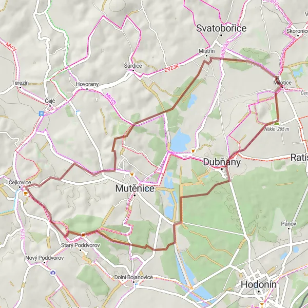 Miniaturní mapa "Gravelová vyjížďka od Milotic" inspirace pro cyklisty v oblasti Jihovýchod, Czech Republic. Vytvořeno pomocí plánovače tras Tarmacs.app