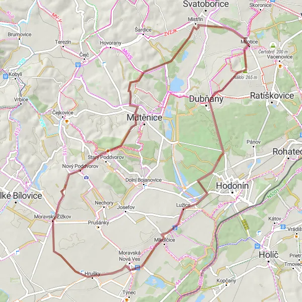 Miniaturní mapa "Gravelový okruh skrz Dubňany a Milotice" inspirace pro cyklisty v oblasti Jihovýchod, Czech Republic. Vytvořeno pomocí plánovače tras Tarmacs.app