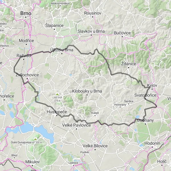 Mapa miniatúra "Kolem vinic a historických památek" cyklistická inšpirácia v Jihovýchod, Czech Republic. Vygenerované cyklistickým plánovačom trás Tarmacs.app