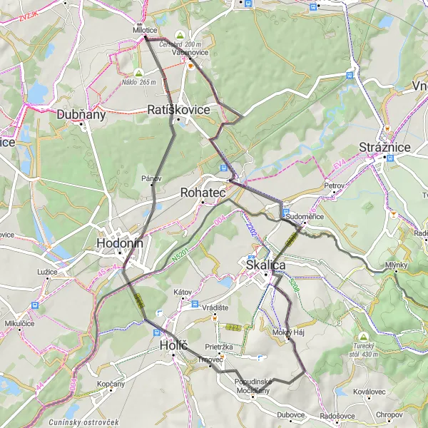 Mapa miniatúra "Okruh z Milotic" cyklistická inšpirácia v Jihovýchod, Czech Republic. Vygenerované cyklistickým plánovačom trás Tarmacs.app