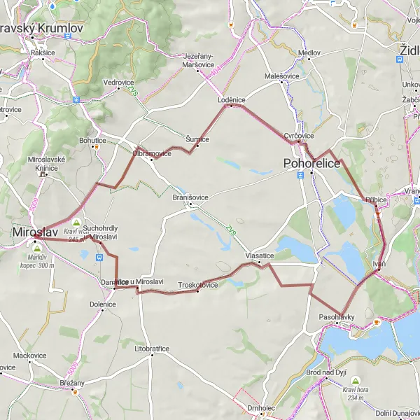 Map miniature of "Scenic Gravel Adventure: Miroslav to Suchohrdly u Miroslavi" cycling inspiration in Jihovýchod, Czech Republic. Generated by Tarmacs.app cycling route planner