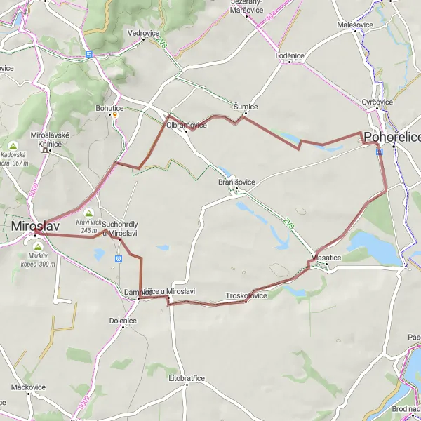 Map miniature of "Off the Beaten Path: Miroslav to Suchohrdly u Miroslavi" cycling inspiration in Jihovýchod, Czech Republic. Generated by Tarmacs.app cycling route planner