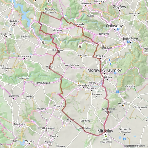 Map miniature of "Gravel Adventure to Miroslavské Knínice" cycling inspiration in Jihovýchod, Czech Republic. Generated by Tarmacs.app cycling route planner