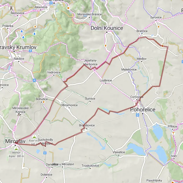 Miniatura mapy "Trasa rowerowa wokół Miroslav (trasa gruzowa)" - trasy rowerowej w Jihovýchod, Czech Republic. Wygenerowane przez planer tras rowerowych Tarmacs.app
