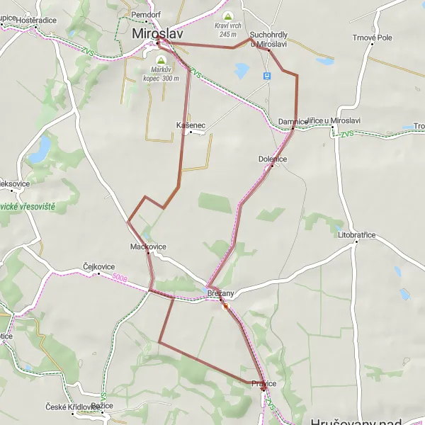 Map miniature of "Gravel Getaway to Suchohrdly u Miroslavi" cycling inspiration in Jihovýchod, Czech Republic. Generated by Tarmacs.app cycling route planner