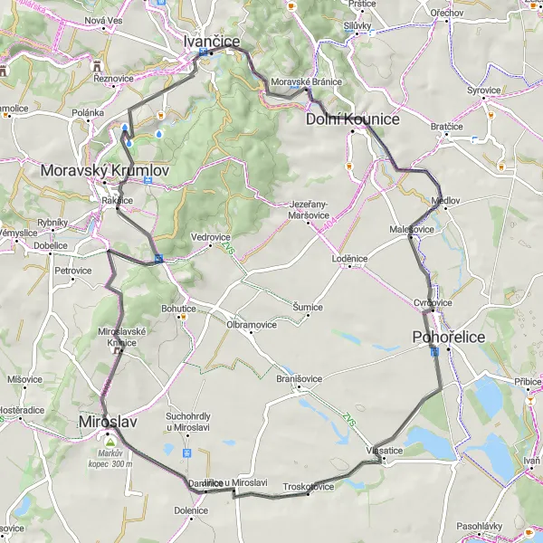 Map miniature of "Exploring the Countryside: Miroslav to Jiřice u Miroslavi" cycling inspiration in Jihovýchod, Czech Republic. Generated by Tarmacs.app cycling route planner
