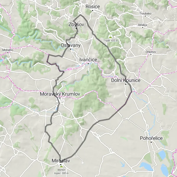 Karten-Miniaturansicht der Radinspiration "Miroslav - Zbýšov Rundtour" in Jihovýchod, Czech Republic. Erstellt vom Tarmacs.app-Routenplaner für Radtouren