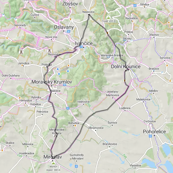 Miniaturní mapa "Cyklistický výlet kolem Miroslava" inspirace pro cyklisty v oblasti Jihovýchod, Czech Republic. Vytvořeno pomocí plánovače tras Tarmacs.app