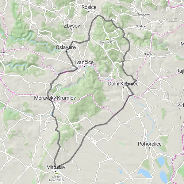 Karten-Miniaturansicht der Radinspiration "Rundtour Miroslav - Stará hora" in Jihovýchod, Czech Republic. Erstellt vom Tarmacs.app-Routenplaner für Radtouren
