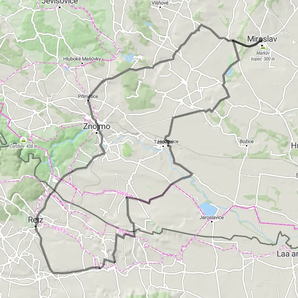 Karten-Miniaturansicht der Radinspiration "Radfahren durch die Weingärten" in Jihovýchod, Czech Republic. Erstellt vom Tarmacs.app-Routenplaner für Radtouren