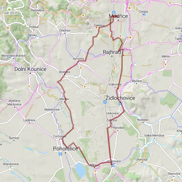 Miniaturní mapa "Gravel cyklotrasa poblíž Modřic" inspirace pro cyklisty v oblasti Jihovýchod, Czech Republic. Vytvořeno pomocí plánovače tras Tarmacs.app