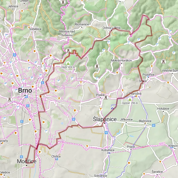 Map miniature of "Modřice Gravel Adventure" cycling inspiration in Jihovýchod, Czech Republic. Generated by Tarmacs.app cycling route planner