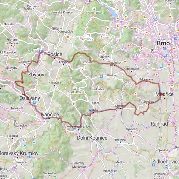 Map miniature of "Modřice - Ořechov Loop" cycling inspiration in Jihovýchod, Czech Republic. Generated by Tarmacs.app cycling route planner