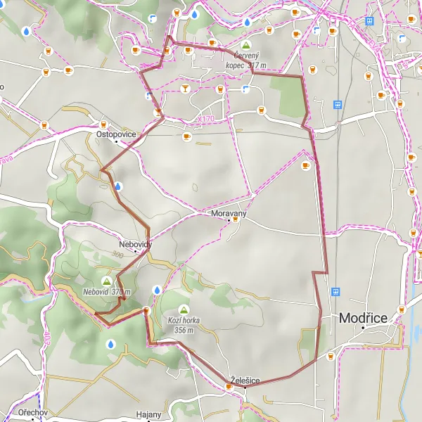 Map miniature of "Modřice - Ostopovice Loop" cycling inspiration in Jihovýchod, Czech Republic. Generated by Tarmacs.app cycling route planner