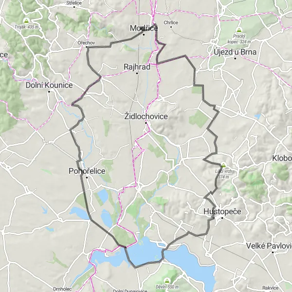 Miniaturní mapa "Silniční cyklostezka kolem Modřic" inspirace pro cyklisty v oblasti Jihovýchod, Czech Republic. Vytvořeno pomocí plánovače tras Tarmacs.app