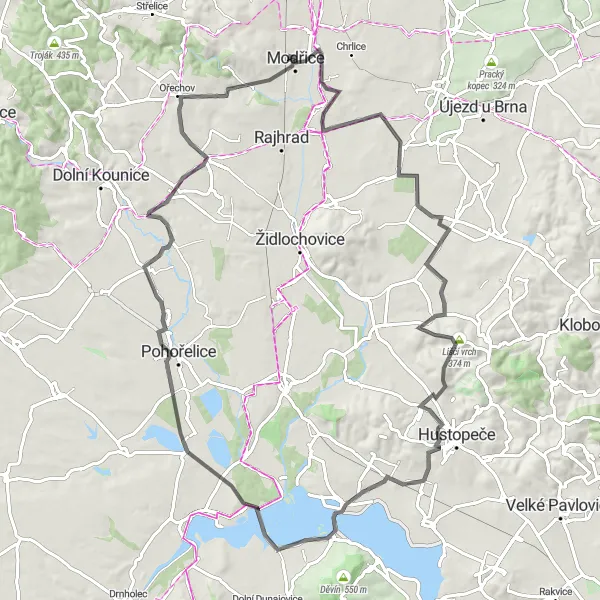 Map miniature of "Modřice to Cvrčovice Road Adventure" cycling inspiration in Jihovýchod, Czech Republic. Generated by Tarmacs.app cycling route planner