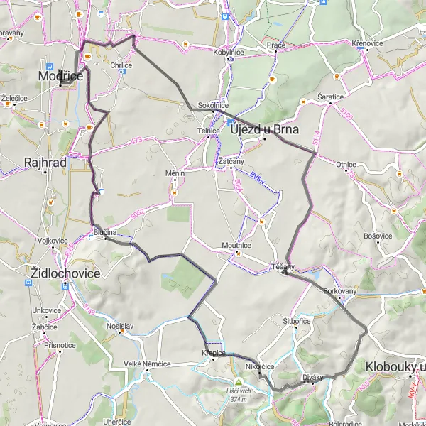 Map miniature of "Modřice to Opatovice Road Loop" cycling inspiration in Jihovýchod, Czech Republic. Generated by Tarmacs.app cycling route planner