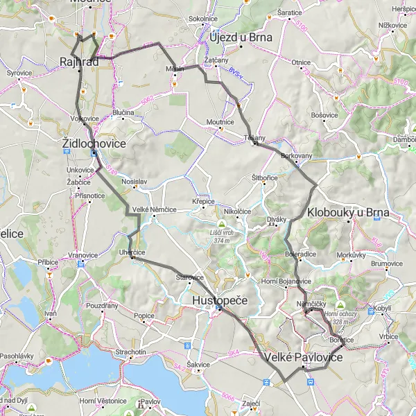 Map miniature of "Modřice - Otmarov Loop" cycling inspiration in Jihovýchod, Czech Republic. Generated by Tarmacs.app cycling route planner