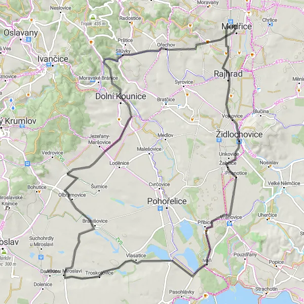 Mapa miniatúra "Okolo Modřic" cyklistická inšpirácia v Jihovýchod, Czech Republic. Vygenerované cyklistickým plánovačom trás Tarmacs.app