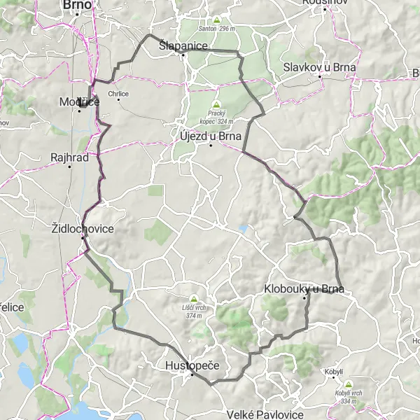 Miniaturní mapa "Trasa Blažovice - Modřice" inspirace pro cyklisty v oblasti Jihovýchod, Czech Republic. Vytvořeno pomocí plánovače tras Tarmacs.app