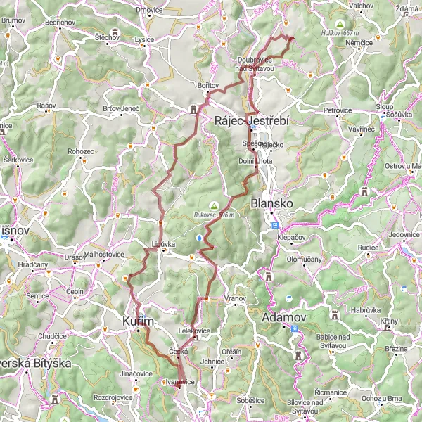 Map miniature of "Mokrá Hora Gravel Loop" cycling inspiration in Jihovýchod, Czech Republic. Generated by Tarmacs.app cycling route planner