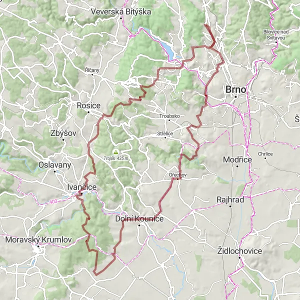 Miniaturní mapa "Gravel okruh Mokrá Hora" inspirace pro cyklisty v oblasti Jihovýchod, Czech Republic. Vytvořeno pomocí plánovače tras Tarmacs.app