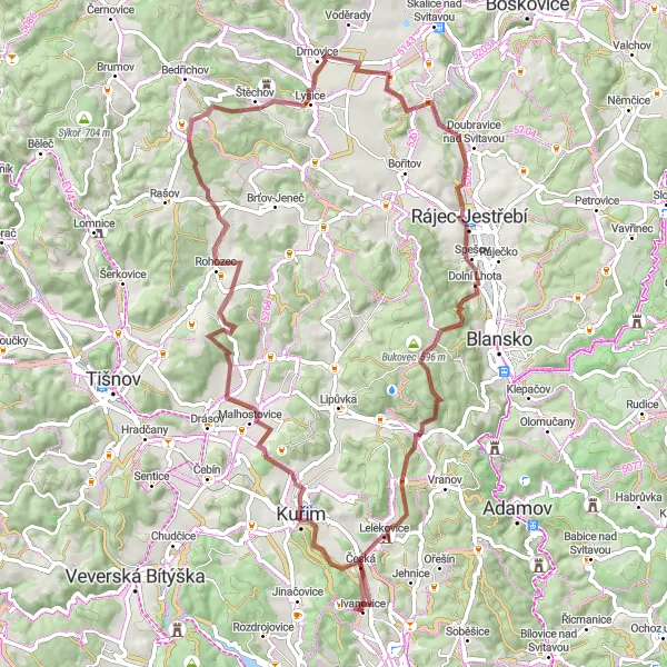 Miniaturní mapa "Gravelový okruh kolem Unína" inspirace pro cyklisty v oblasti Jihovýchod, Czech Republic. Vytvořeno pomocí plánovače tras Tarmacs.app