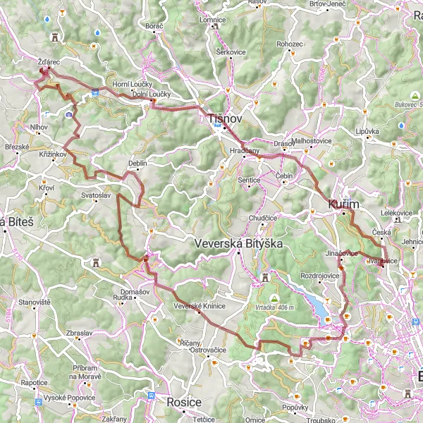 Mapa miniatúra "Gravelova trasa Ivanovice - Kuřim" cyklistická inšpirácia v Jihovýchod, Czech Republic. Vygenerované cyklistickým plánovačom trás Tarmacs.app