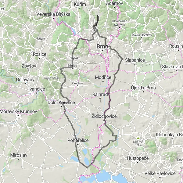 Mapa miniatúra "Road Tour k Chrlice" cyklistická inšpirácia v Jihovýchod, Czech Republic. Vygenerované cyklistickým plánovačom trás Tarmacs.app