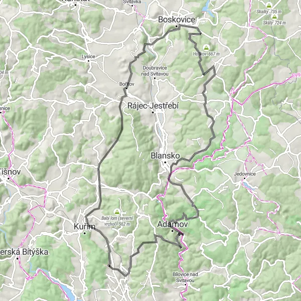 Miniaturní mapa "Road okruh okolo Mokré Hory" inspirace pro cyklisty v oblasti Jihovýchod, Czech Republic. Vytvořeno pomocí plánovače tras Tarmacs.app
