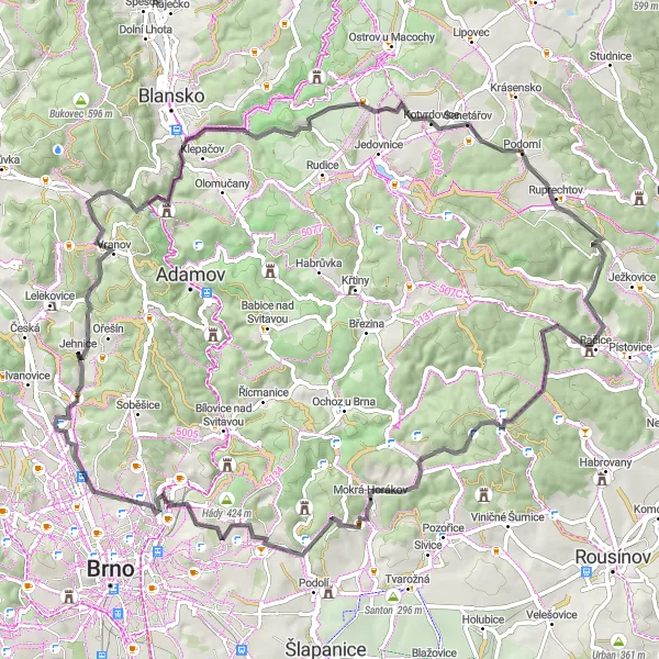 Map miniature of "Klamova huť and the WWII Memorial" cycling inspiration in Jihovýchod, Czech Republic. Generated by Tarmacs.app cycling route planner