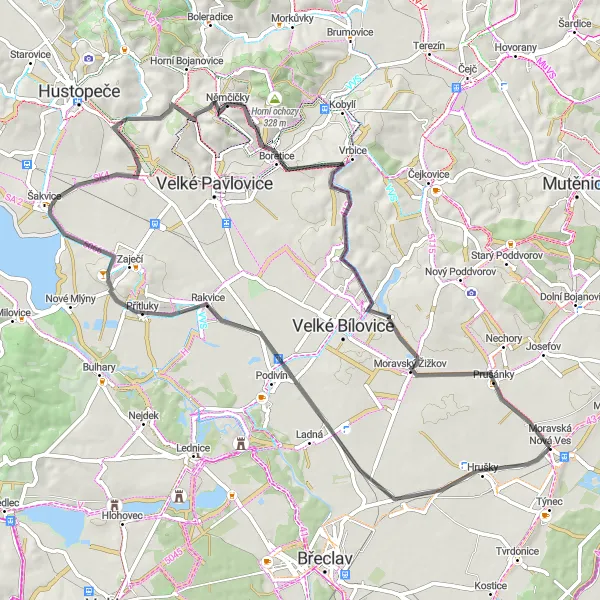 Mapa miniatúra "Víno a kultúra okolo Moravskej Novej Vsi" cyklistická inšpirácia v Jihovýchod, Czech Republic. Vygenerované cyklistickým plánovačom trás Tarmacs.app