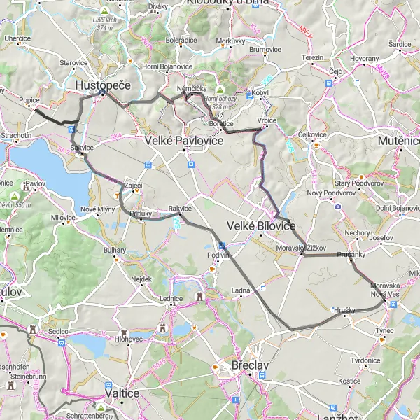 Mapa miniatúra "Víno a cyklistika v okolí Moravskej Novej Vsi" cyklistická inšpirácia v Jihovýchod, Czech Republic. Vygenerované cyklistickým plánovačom trás Tarmacs.app